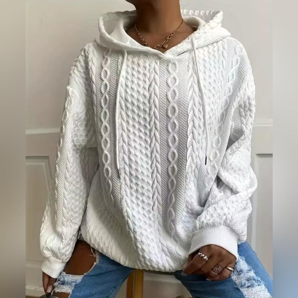 Women's White Cable Textured Pullover Hoodie